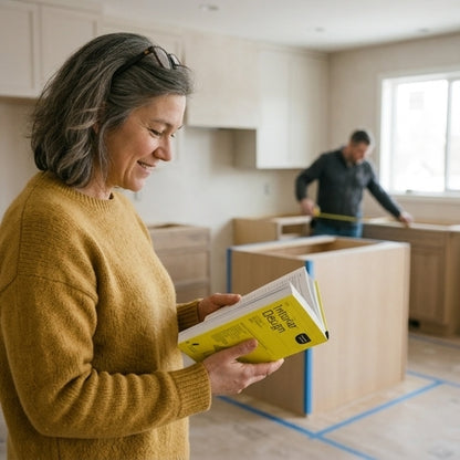 Homeowner opening the book in her kitchen while it is being fitted
