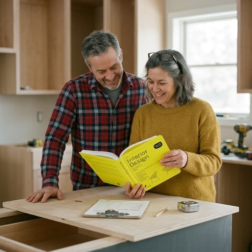 Couple pointing at a page at their kitchen island