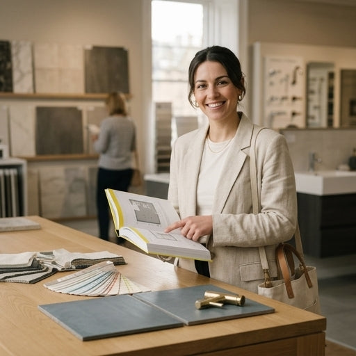 Interior designer using the book in a showroom