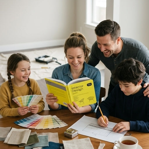 Family planning a room makeover with the book